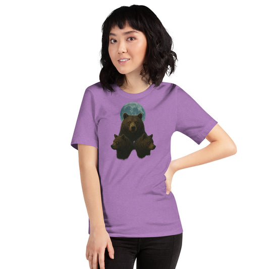 Model wearing Three Bears Unisex T-Shirt – vintage wildlife graphic tee for everyday style.